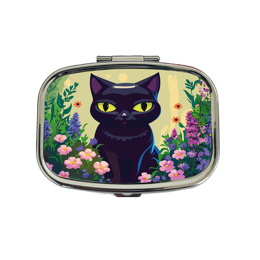 Black White Cat in Flower Garden Travel Pill Box Case