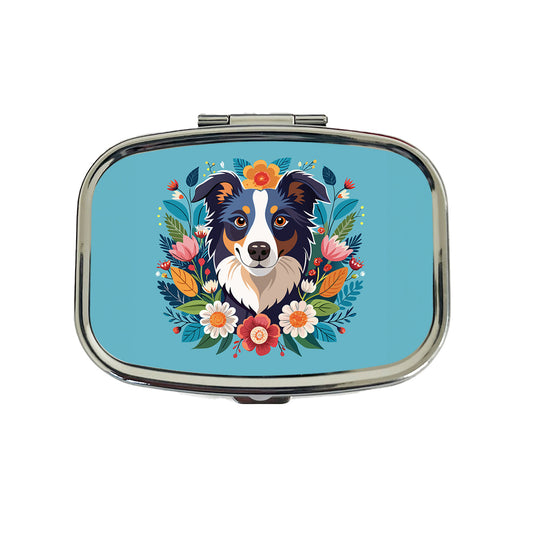 Border Collie Dog Floral Flowers Travel Pill Box Case