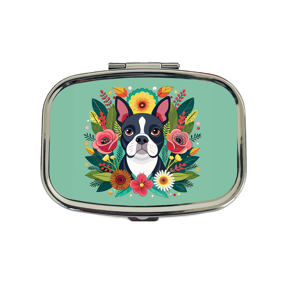 Boston Terrier Dog Floral Flowers Travel Pill Box Case