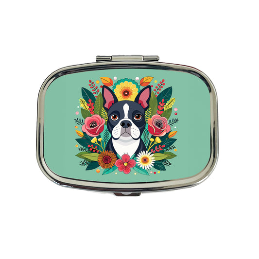 Boston Terrier Dog Floral Flowers Travel Pill Box Case