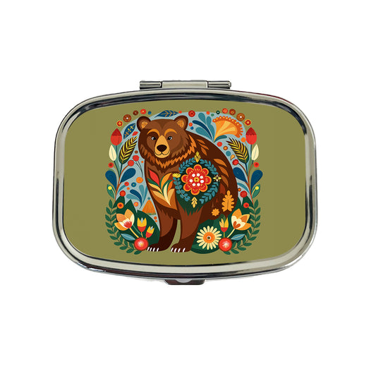Brown Bear Floral Motif Travel Pill Box Case