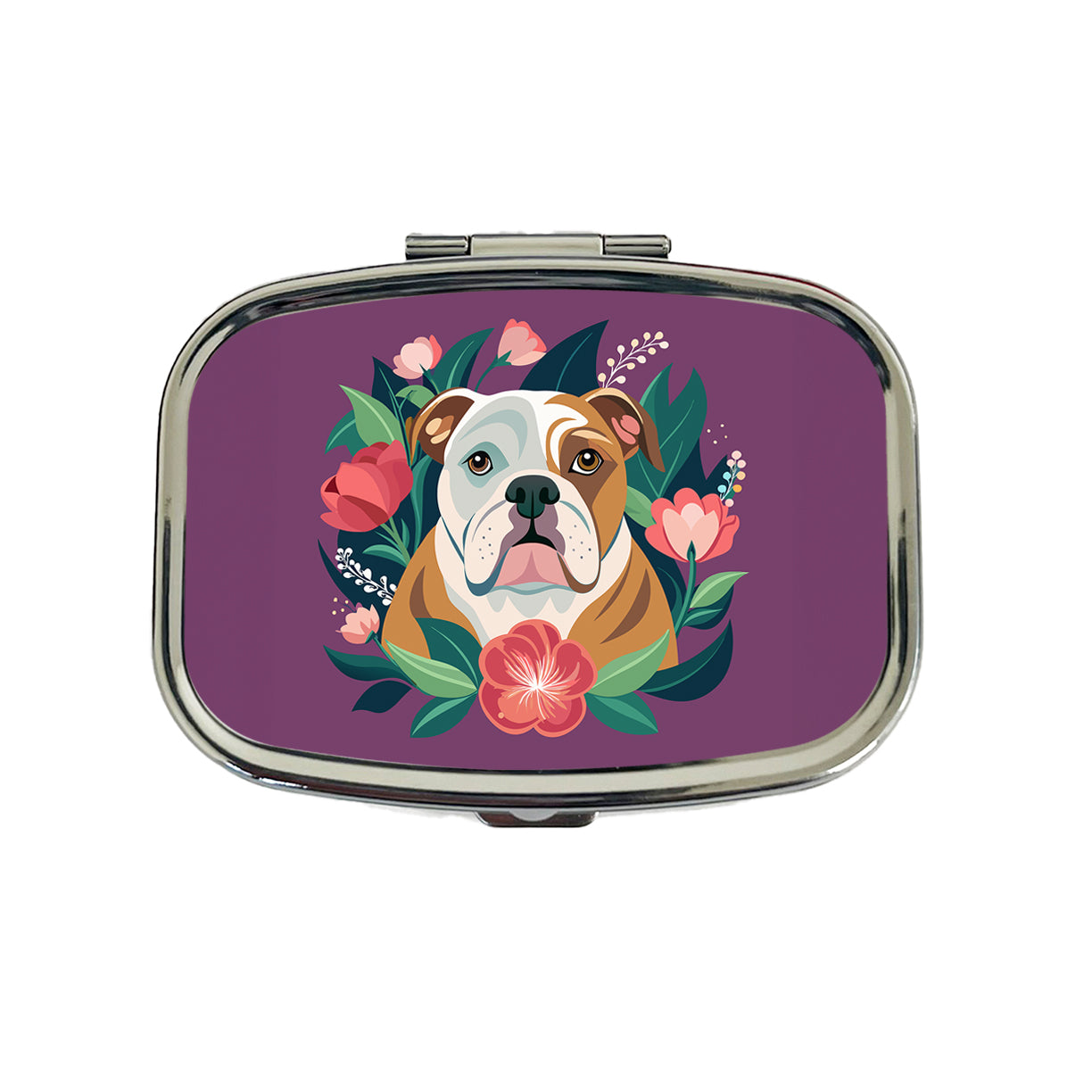 Bulldog Dog Floral Flowers Purple Background Travel Pill Box Case