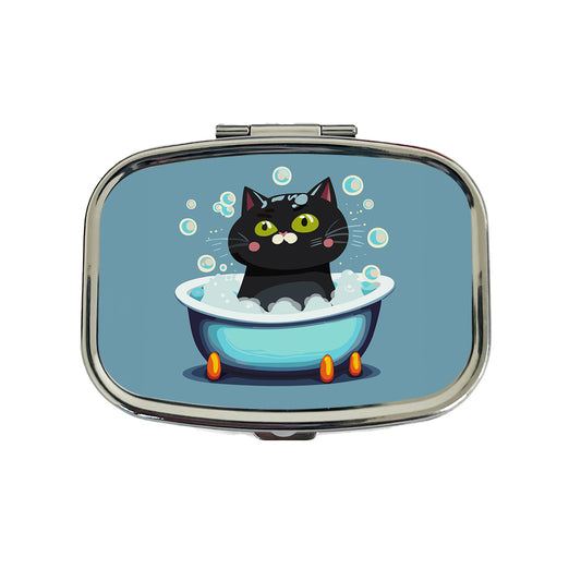 Cat Black Taking Bubble Bath Travel Pill Box Case