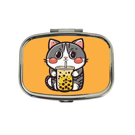 Cat Drinking Boba Bubble Tea Travel Pill Box Case