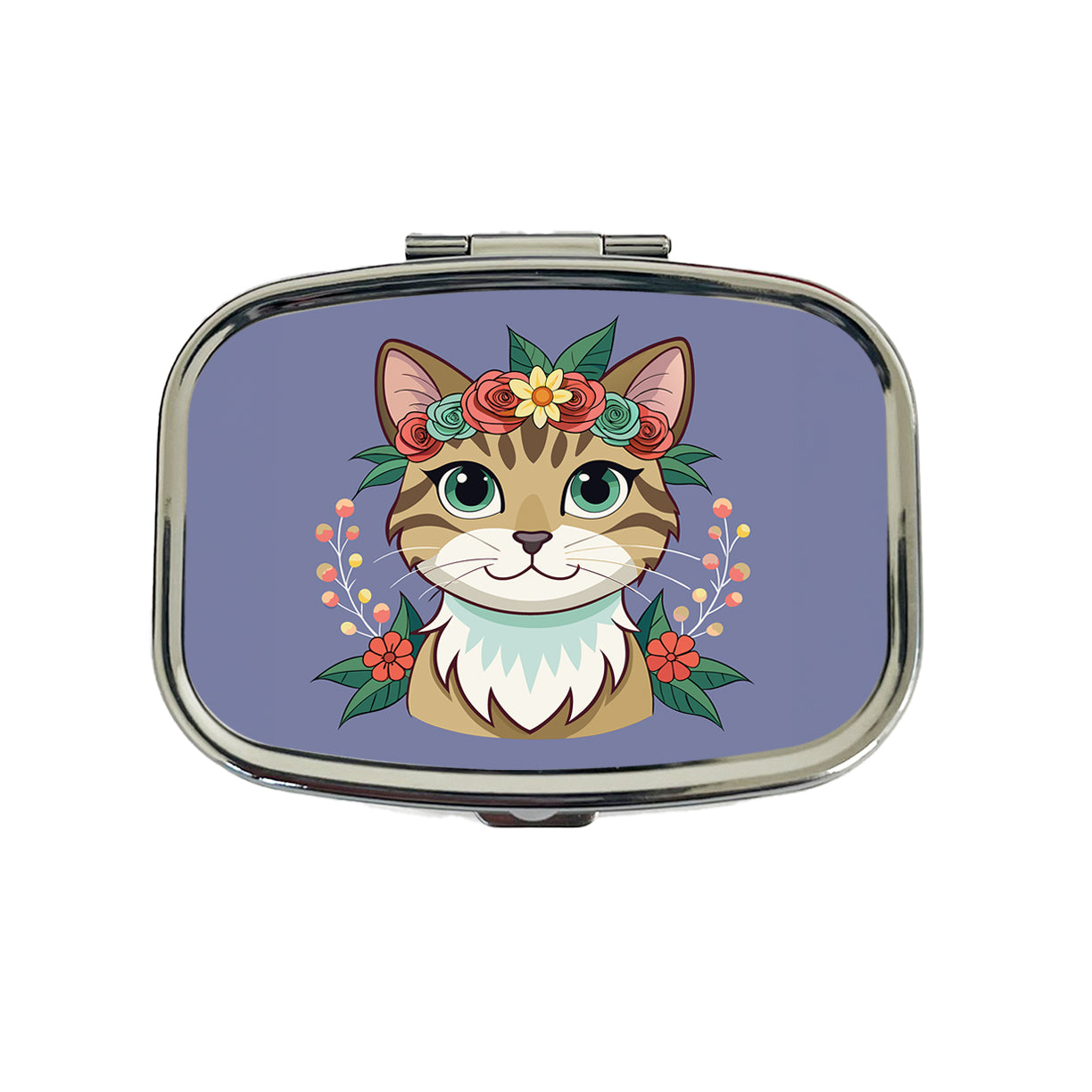 Cat Head Floral Flowers Travel Pill Box Case