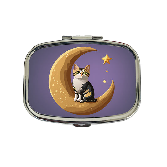 Cat on Crescent Moon Stars Cute Travel Pill Box Case