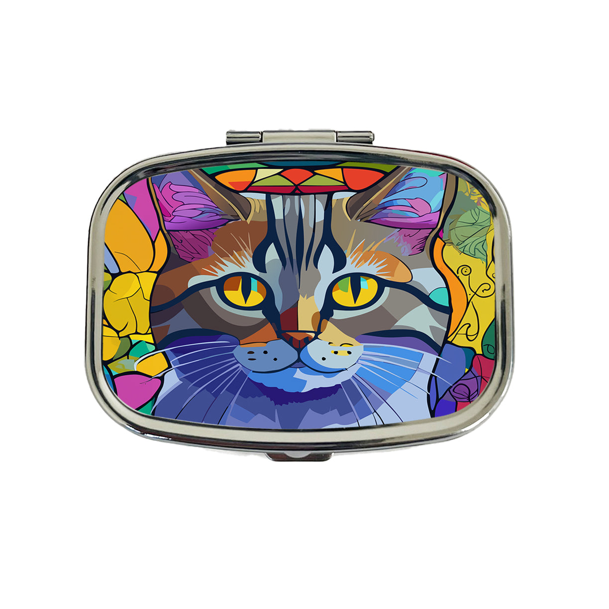 Cat Stained Glass Style Travel Pill Box Case