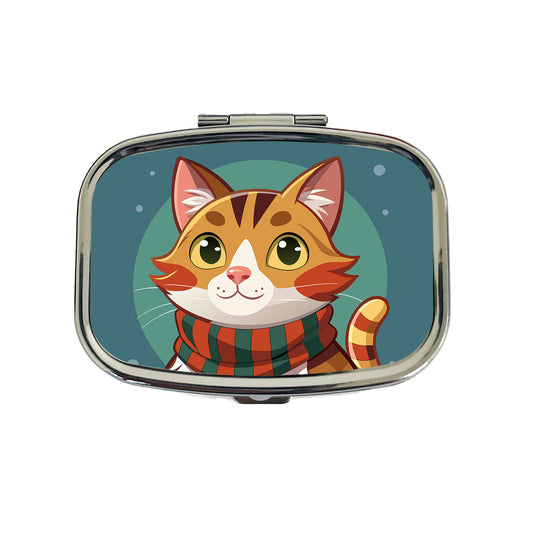 Cat Tabby Wearing Winter Scarf Travel Pill Box Case