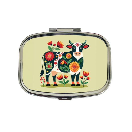 Cow Floral Motif Travel Pill Box Case