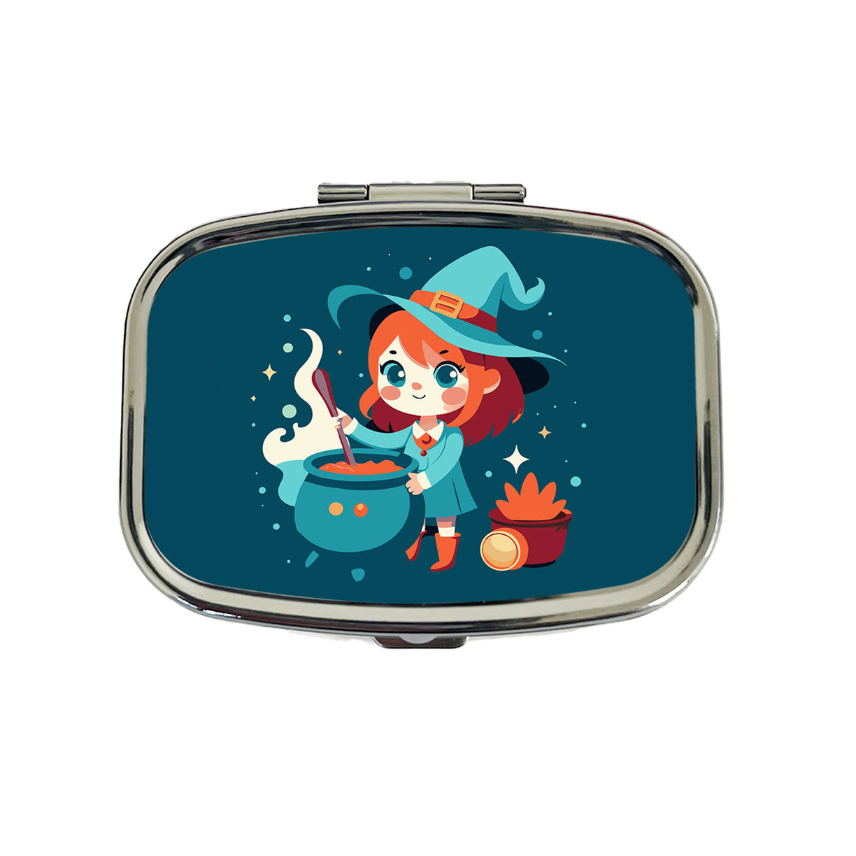 Cute Witch Stirring Cauldron Halloween Travel Pill Box Case