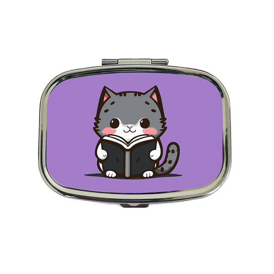 Gray Cat Reading Book Travel Pill Box Case