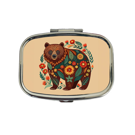 Grizzly Bear Floral Motif Travel Pill Box Case