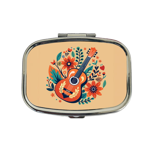 Guitar Music Floral Motif Travel Pill Box Case