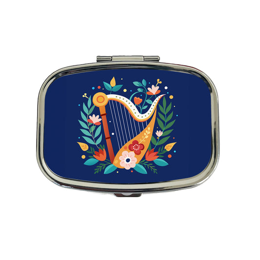 Harp Music Floral Motif Travel Pill Box Case