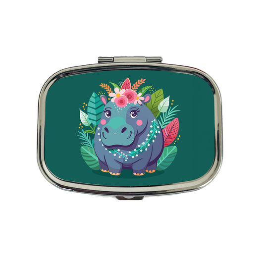 Hippopotamus Floral Flowers Travel Pill Box Case