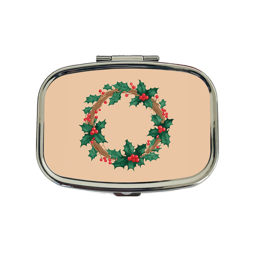 Holly Christmas Wreath Watercolor Travel Pill Box Case
