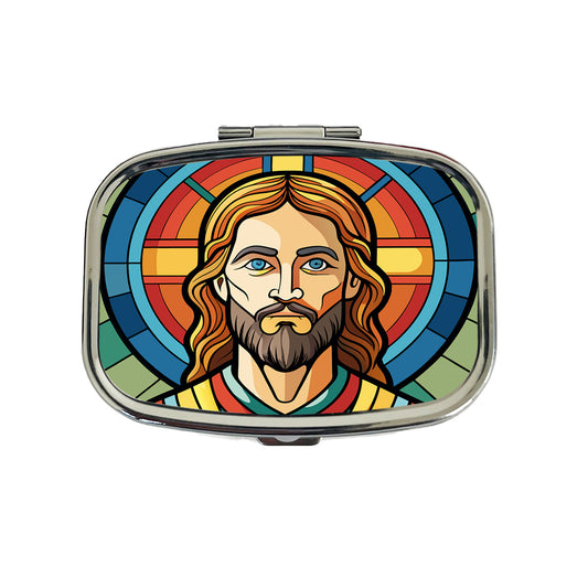 Jesus Stained Glass Christian Religious Catholic Travel Pill Box Case
