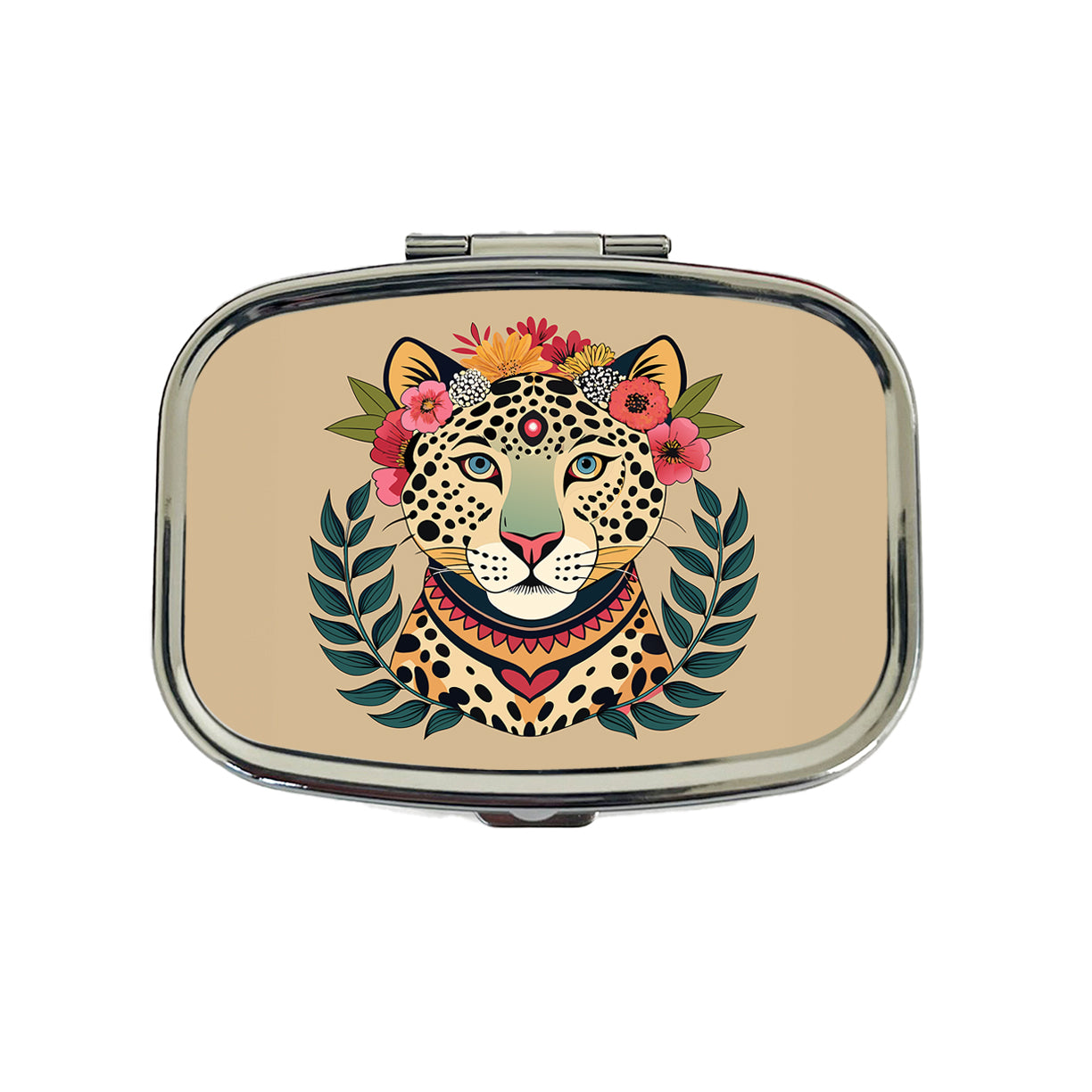 Leopard Head Floral Flowers Travel Pill Box Case