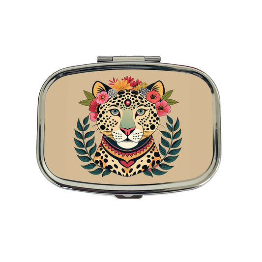 Leopard Head Floral Flowers Travel Pill Box Case
