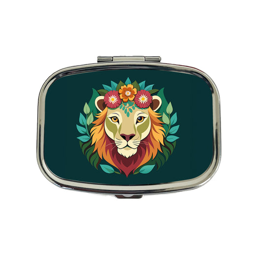 Lion Head Floral Flowers Travel Pill Box Case