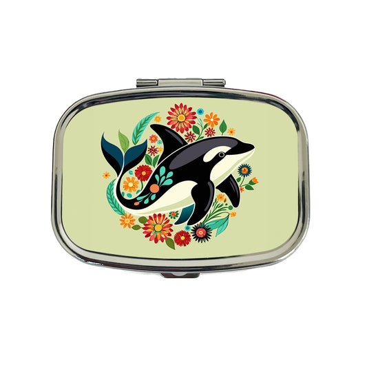 Orca Whale Floral Flowers Travel Pill Box Case