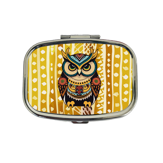 Owl Tribal Colorful Bird Travel Pill Box Case