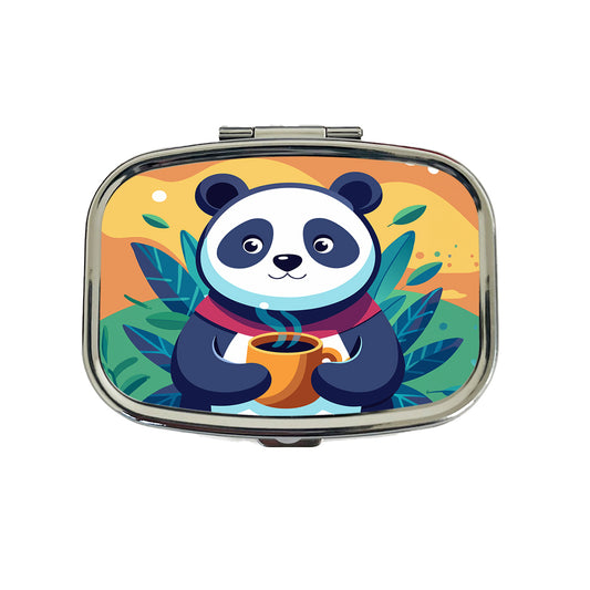 Panda Drinking Coffee Travel Pill Box Case