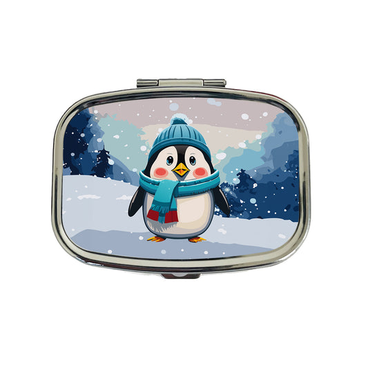 Penguin Winter Wearing Hat Scarf Cute Travel Pill Box Case