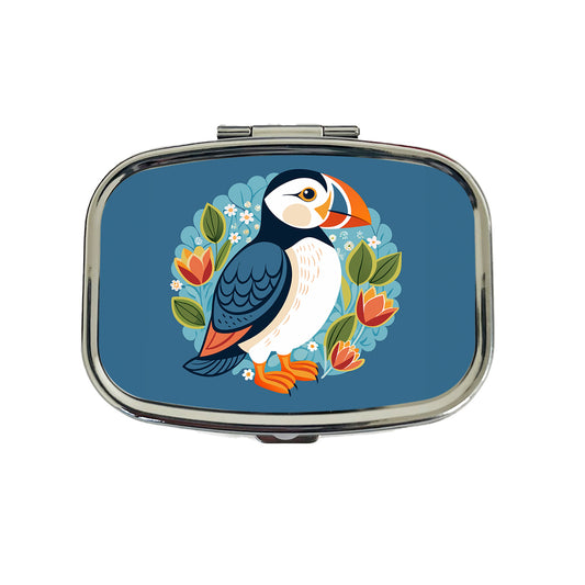 Puffin Bird Floral Flowers Travel Pill Box Case