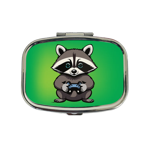 Raccoon Gamer Gaming Playing Game Travel Pill Box Case