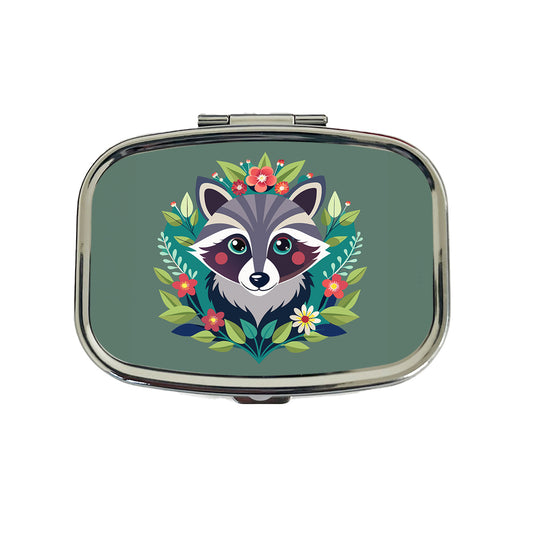Raccoon in Floral Wreath Travel Pill Box Case