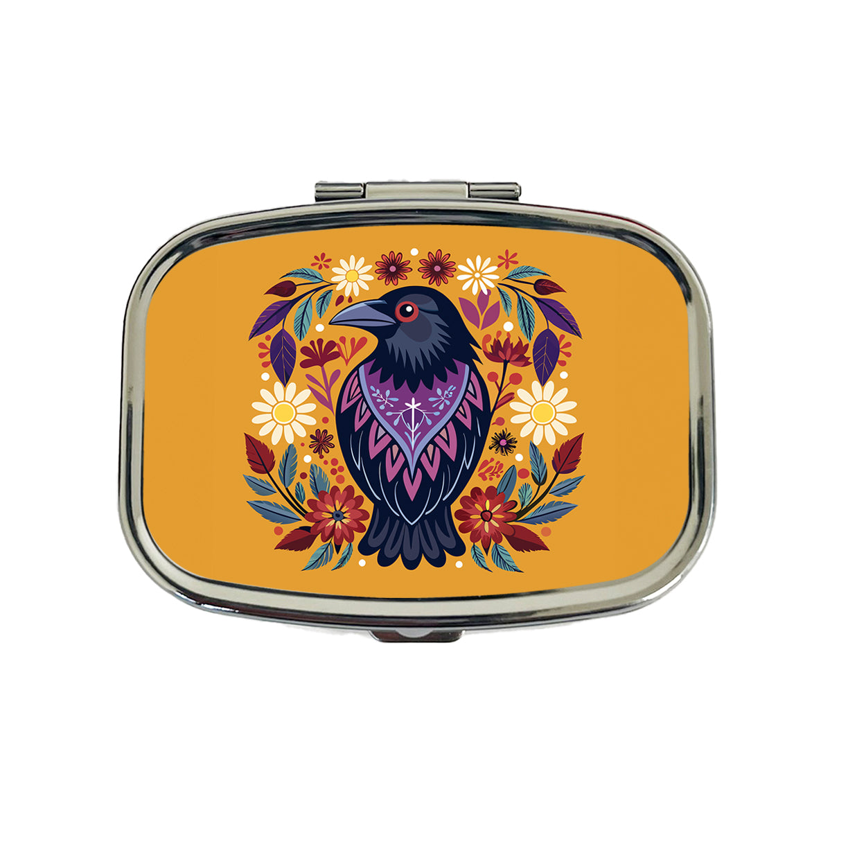 Raven Bird Floral Flowers Travel Pill Box Case