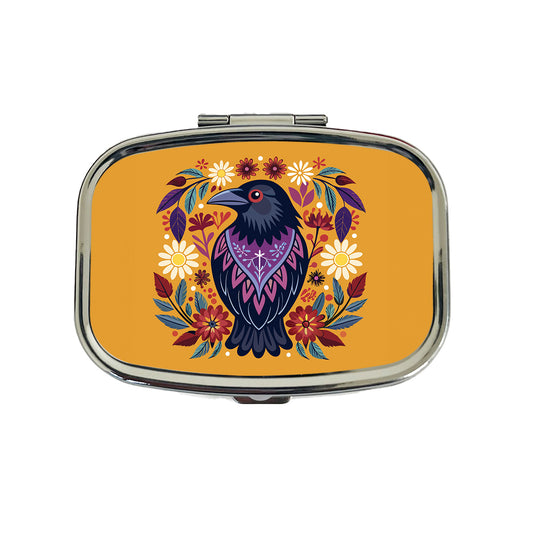 Raven Bird Floral Flowers Travel Pill Box Case