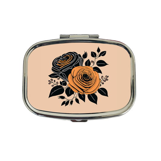 Roses Black Orange Fall Autumn Thanksgiving Halloween Motif Travel Pill Box Case