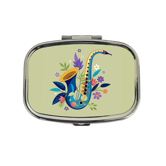 Saxophone Instrument Music Floral Motif Travel Pill Box Case