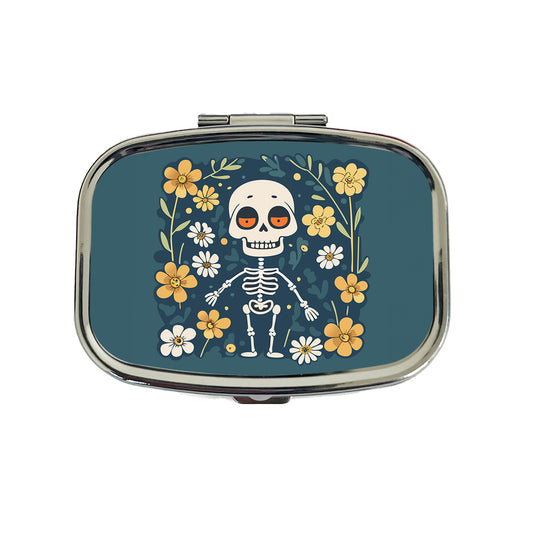Skeleton and Flowers Funny Halloween Travel Pill Box Case