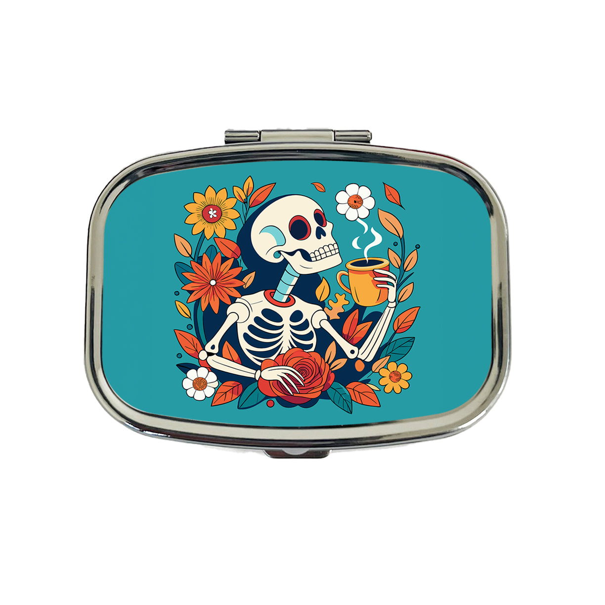 Skeleton Drinking Coffee Funny Floral Flowers Travel Pill Box Case