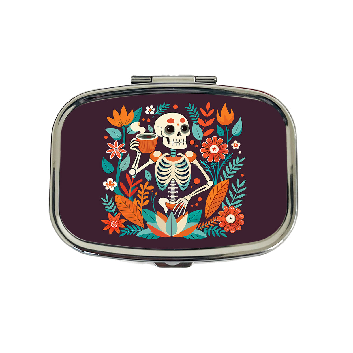 Skeleton Drinking Tea Funny Floral Flowers Travel Pill Box Case
