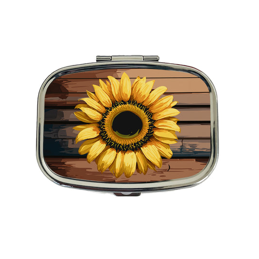Sunflower Flower Vintage Barnwood Travel Pill Box Case