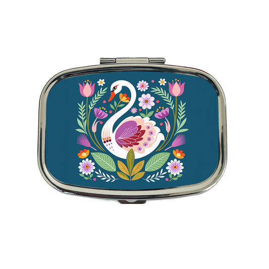 Swan Bird Floral Flowers Travel Pill Box Case