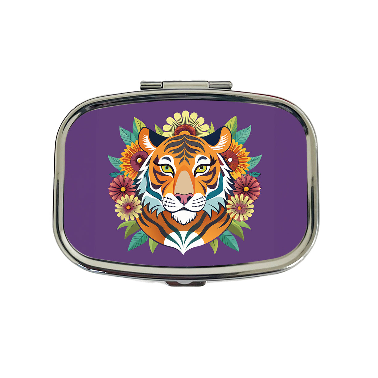 Tiger Head Floral Flowers Travel Pill Box Case