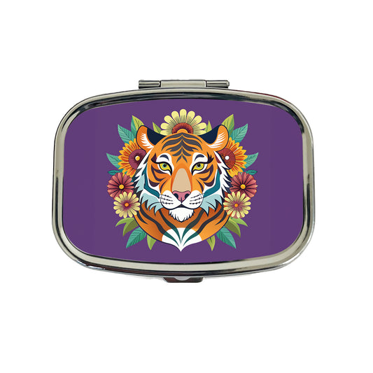 Tiger Head Floral Flowers Travel Pill Box Case
