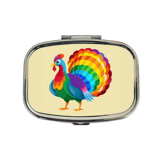 Turkey Rainbow Colored Thanksgiving Travel Pill Box Case