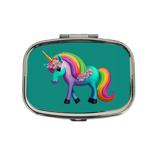 Unicorn Rainbow Standing Flowers Travel Pill Box Case
