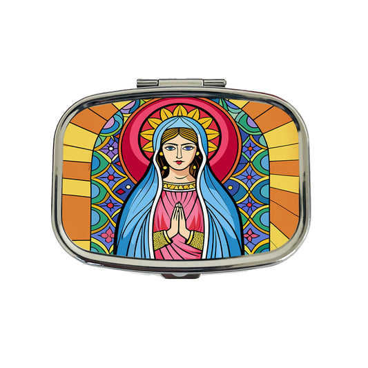 Virgin Mary Stained Glass Christian Religious Catholic Travel Pill Box Case