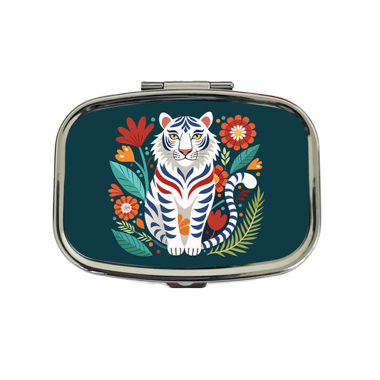 White Tiger Floral Flowers Travel Pill Box Case