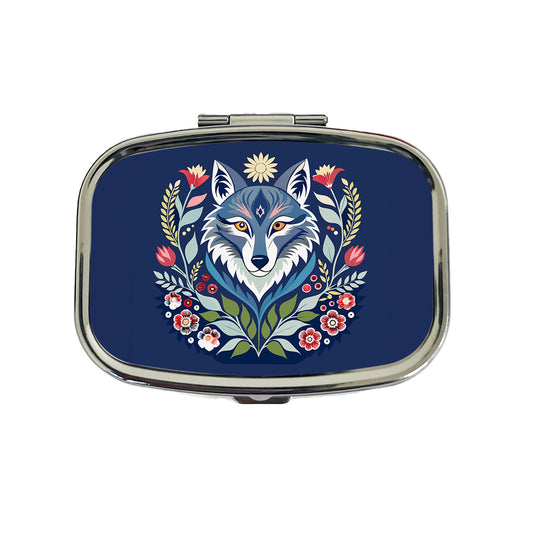 Wolf Floral Flowers Travel Pill Box Case