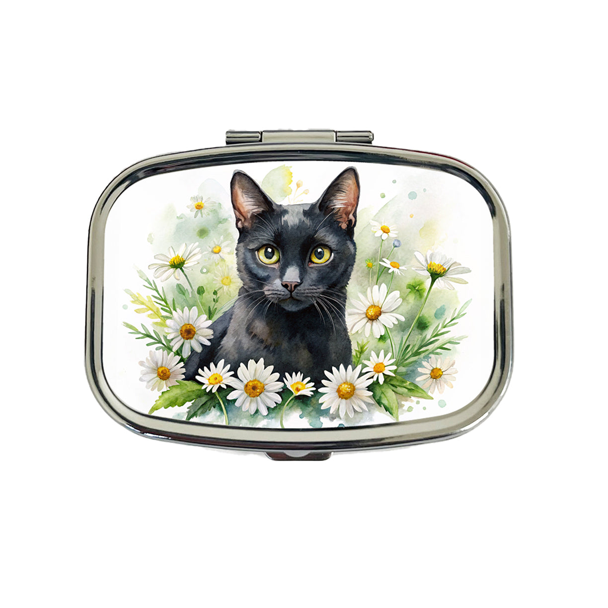 Black Cat Watercolor Design With Daisies Travel Pill Box Case