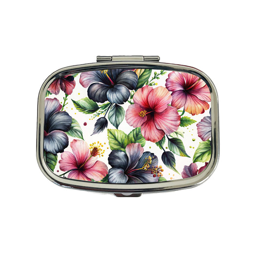 Black Pink Hibiscus Flowers Watercolor Travel Pill Box Case