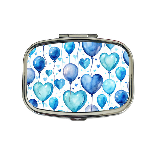 Blue Balloons Hearts Watercolor Birthday Travel Pill Box Case